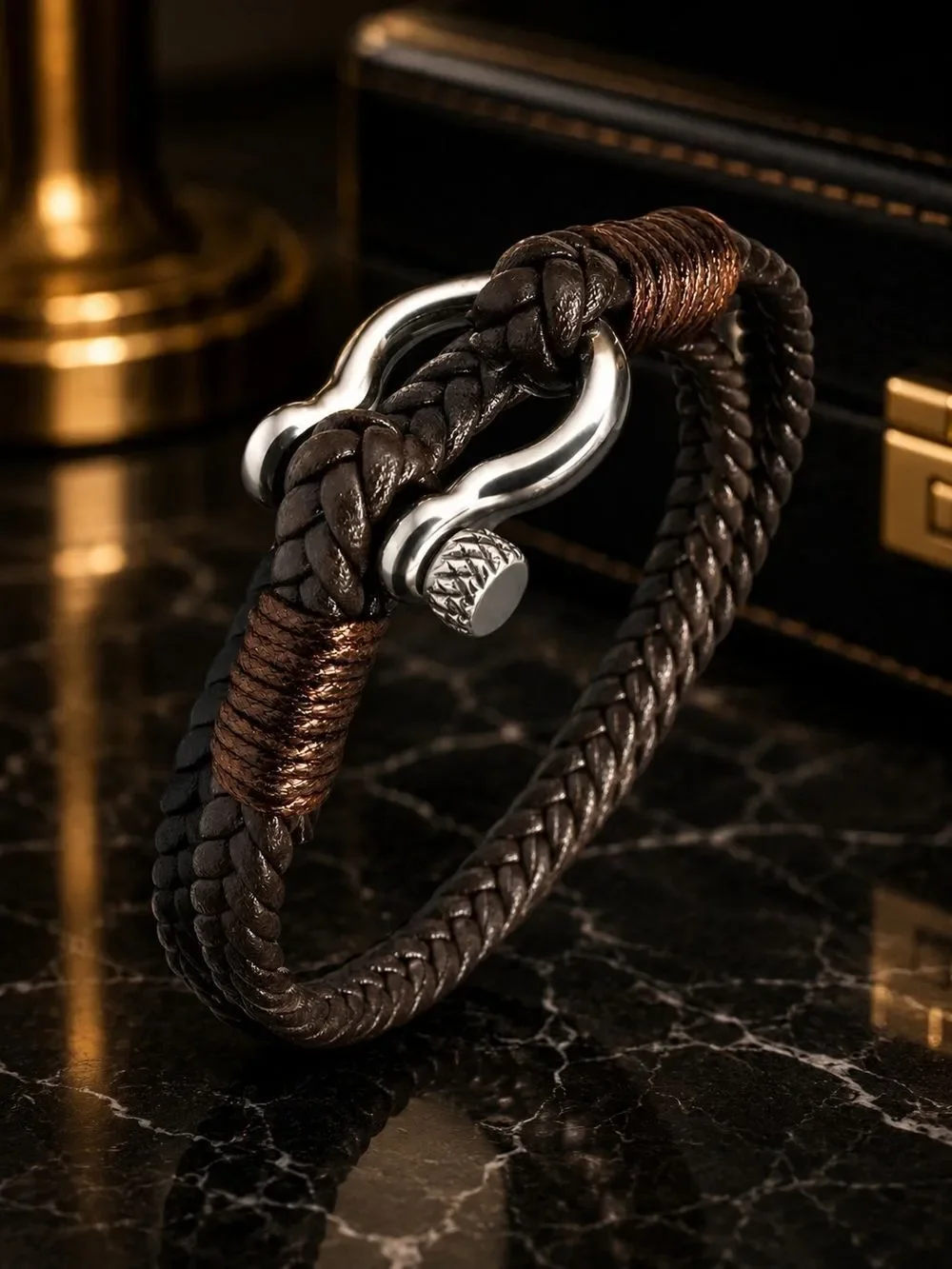 Braided Brown Leather Rope Bracelet with Silver Shackle